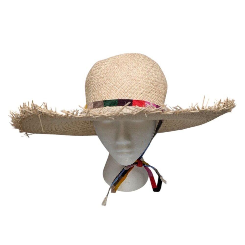 Sunshine Tienda Wide Brimmed Palm Hat Womens Beige Fringe Drawstring Size M/L